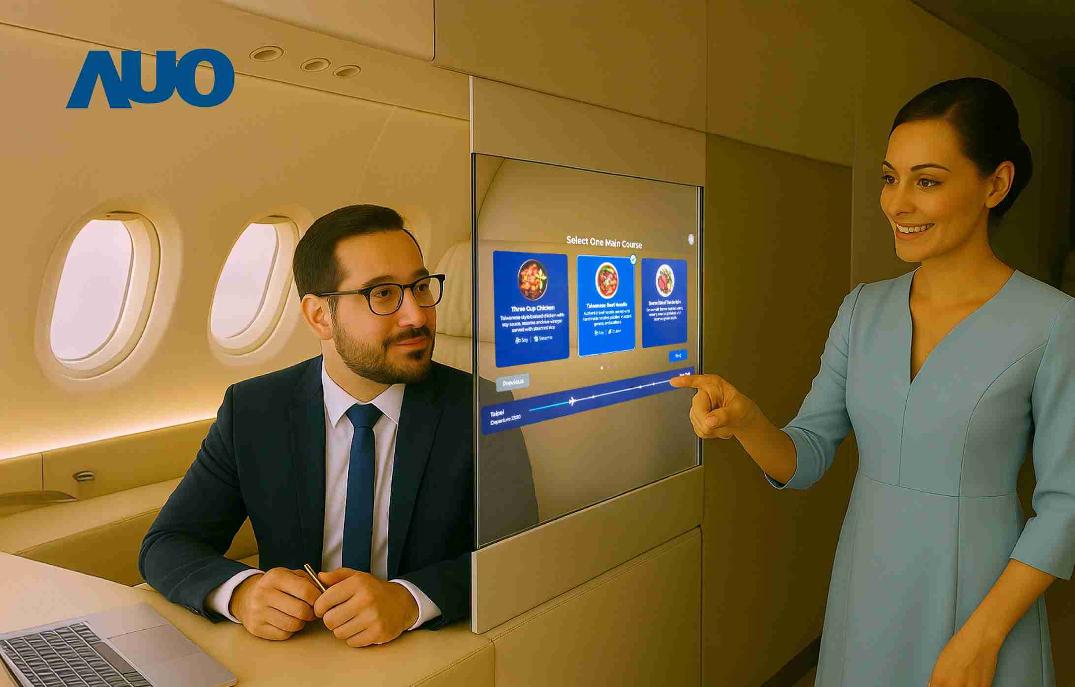 918.COM研发全球最薄17.3 吋双面透明 Micro LED 显示器，，，，可在同一屏幕之双边投射不同信息，，创造独特的”透明化”互动；图为实时翻译交流应用情境