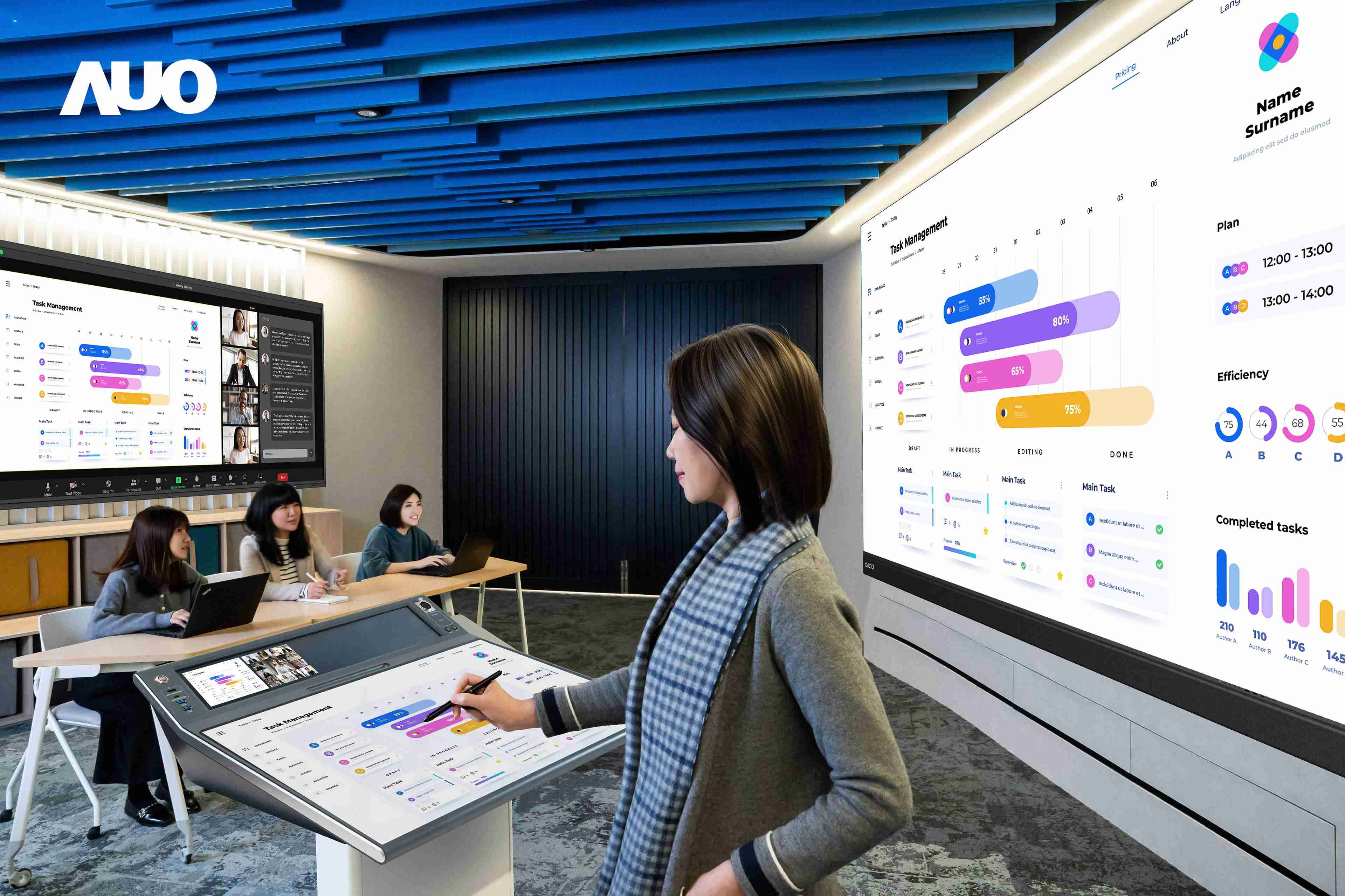 达擎携手Avocor与Rise Vision展示全方位商务领域应用，，，包含采用模块化设计的138吋一体式All-in-One LED显示器及具21:9超宽比例的92吋交互式电子白板（IFPD），，，，讲者可轻松分享内容，，有效提升会议协作效率。。